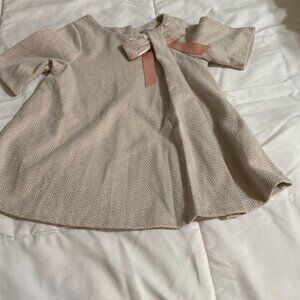 Baby Girl Herringbone Dress, Tahari Beige Cream Gold Sparkle Pink Bow, 2T